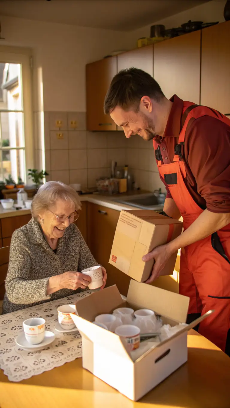 Symbolbild: Umzugshelfer verpackt Porzellantassen sorgfältig in Packpapier, eine Seniorin sitzt lächelnd daneben