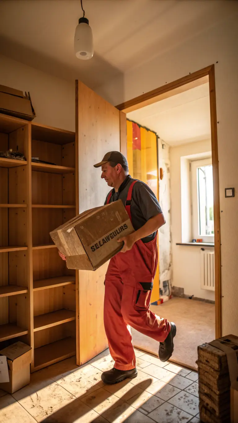 Symbolbild: Umzugshelfer trägt einen Karton aus einem aufgeräumten, halb geleerten Kellerraum
