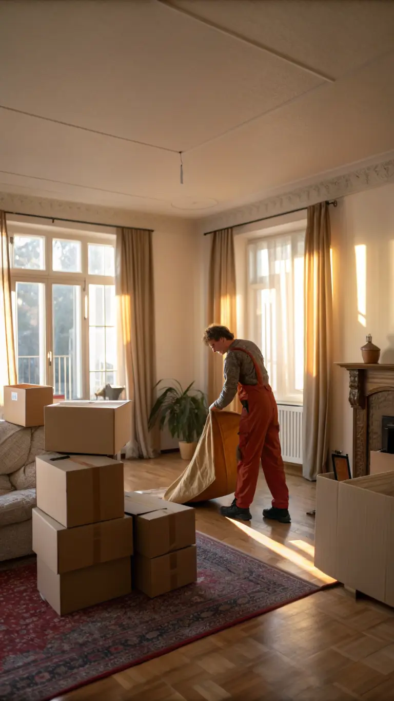 Symbolbild: Fast leergeräumtes Wohnzimmer während einer Haushaltsauflösung mit ordentlich gestapelten Umzugskartons