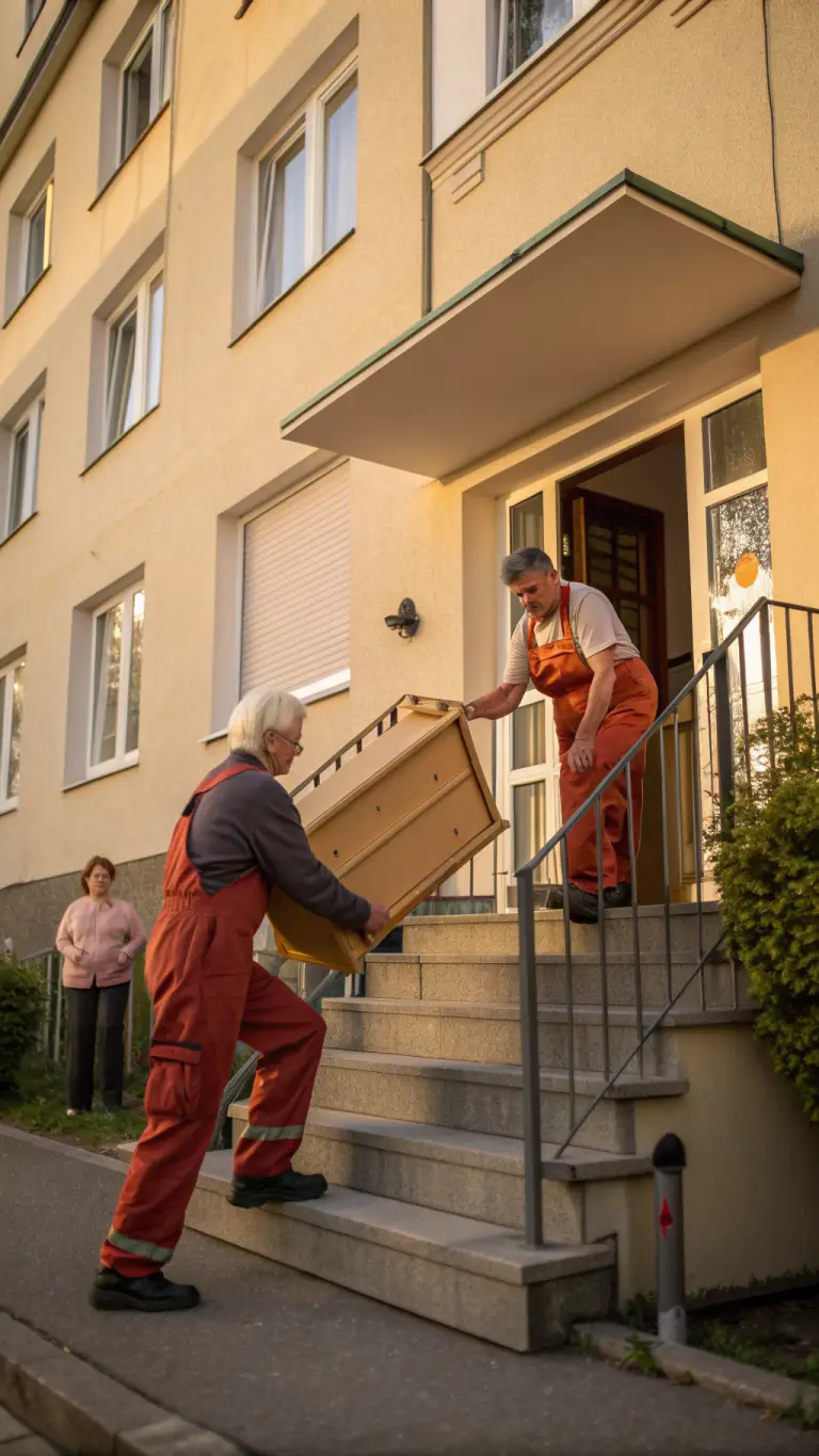 Symbolbild: Zwei Umzugshelfer tragen eine Kommode behutsam durch ein Treppenhaus, eine Seniorin schaut gelassen zu